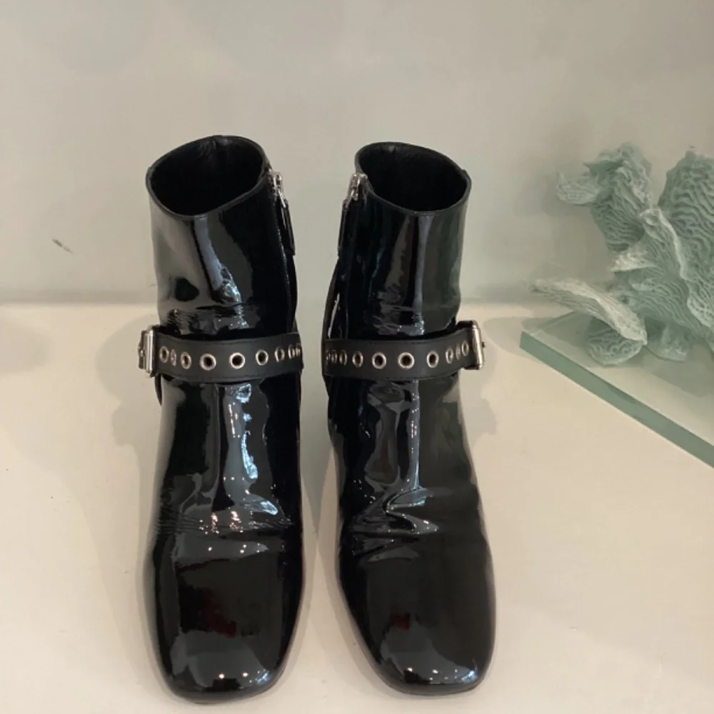 MIU MIU Eyelet Embellished Patent Leather Ankle Boots Black Size 37.5 7